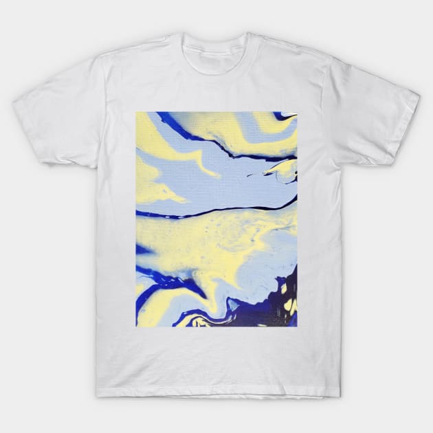 Light blue, blue, yellow acrylic pour T-Shirt by Kim-Pratt